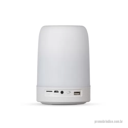 Caixa de som personalizada - Caixa de som multimídia com luzes, suporte para celular e porta caneta. Material plástico resistente na cor branca fosca, parte superior com falante vazado na área interna, pode ser utilizado como porta caneta ou suporte para celular. Parte inferior branca leitosa com linhas em relevo, borracha infe