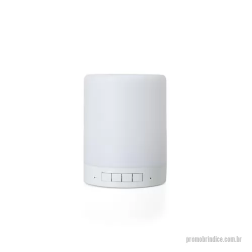 Caixa de som personalizada - Caixa de som multimídia com luzes. Material plástico resistente na cor branca fosca, parte superior com falante e sensor touch para troca de luzes. Parte inferior branca leitosa, base com EVA antideslizante e alça de alumínio para transporte. A caixinha executa nos modos Bluetooth, rádio FM, auxiliar e cartão TF (MicroSD). Acompanha cabo USB e cabo Auxiliar (P2).