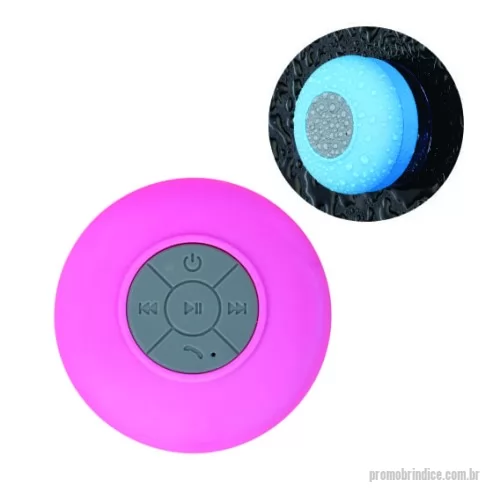 Caixa de som personalizada - aixa de Som Multimídia à prova D’Água emborrachada com ventosa(pode ser removida). Possui play/pause no centro e botão com desenho de telefone deve ser apertado para atender ligações. Compátivel com Iphone, Ipad, Ipod, aparelhos de celular e tablets. Acompanha cabo.