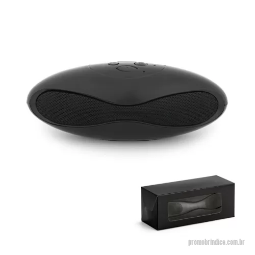Caixa de som personalizada - Caixa de som portátil com microfone, em ABS e acabamento emborrachado. transmissão sem fios BT v3.0, potência de 3W/4? e autonomia aproximada de 3 h. Função para atender chamadas, controle de volume e conexão à playlist do dispositivo móvel. Incluso cabo USB para carregar. Fornecida em caixa presente. 150 x 56 x 58 mm | Caixa: 155 x 60 x 60 mm