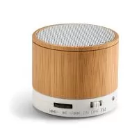 Caixa de som com microfone em bambu, transmissão sem fios BT v3.0, potência de 3W (4?). Bateria 300 mAh, autonomia aprox. 3 horas.