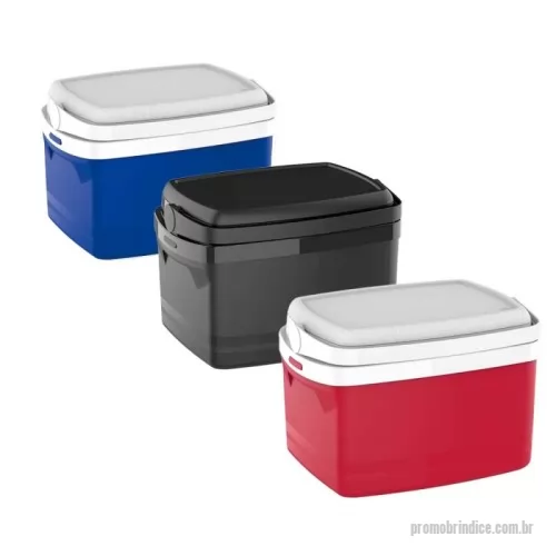 Caixa térmica personalizada - Cooler com 12 Litros de capacidade, livre de bisfenol (BPA FREE), alças laterais embutidas, alça de mão articulável e retrátil, tampa com trava, porta-copos e isolamento térmico em isopor (EPS).
