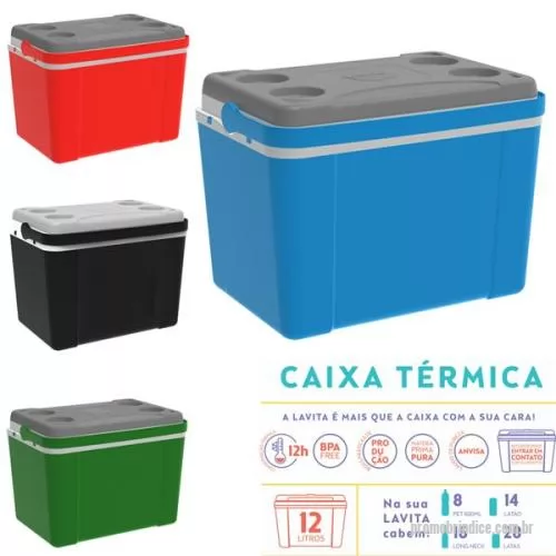 Caixa térmica personalizada - Caixa Térmica livre de bisfenol (BPA Free) com designer moderno, alça de mão articulável, retrátil e laterais embutidas, tampa com trava e porta copos, isolamento térmico em isopor, disponível em diferentes cores, com capacidade para 12 litros e tama