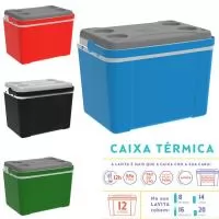 Caixa Térmica livre de bisfenol (BPA Free) com designer moderno, alça de mão articulável, retrátil e laterais embutidas, tampa com trava e porta copos, isolamento térmico em isopor, disponível em diferentes cores, com capacidade para 12 litros e tama