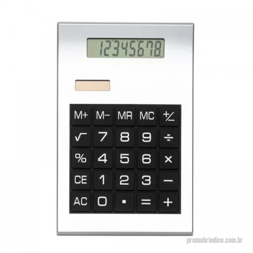 Calculadora personalizada -  Calculadora plástica prata de 8 dígitos com detalhes preto. Modelo solar, parte inferior preta e com borrachas anti-deslizantes. Acompanha uma bateria L1131.  Altura :  14,7 cm  Largura :  9,2 cm