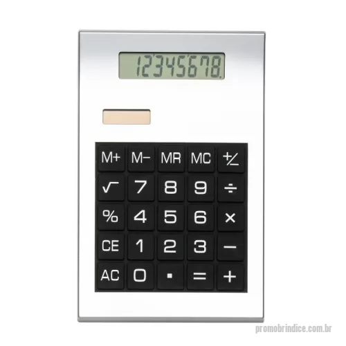 Calculadora personalizada - Calculadora plástica prata de 8 dígitos com detalhes preto. Modelo solar, parte inferior preta e com borrachas anti-deslizantes. Acompanha uma bateria L1131.  Altura :  14,7 cm  Largura :  9,2 cm  Medidas aproximadas para gravação (CxL):  5,4 cm x 3 cm