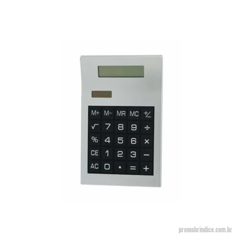 Calculadora personalizada - Calculadora plástica prata de 8 dígitos com detalhes preto. Modelo solar, parte inferior preta e com borrachas anti-deslizantes. Acompanha uma bateria L1131.