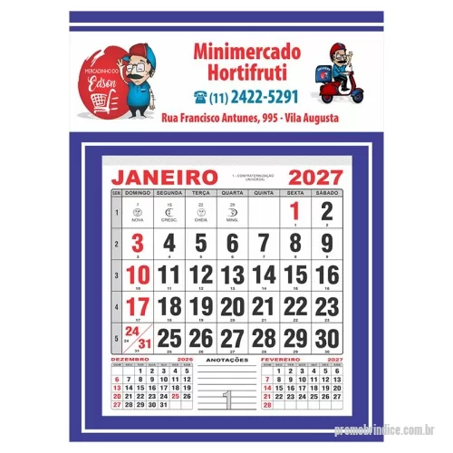 Calendário de parede personalizado - PLACA  EM  DUPLEX 300 GRAMAS COM 1 VARETA DE METAL BLOCO MENSAL COM 12 MESES, SERRILHADO BLOCO EM OFFSET 70 GRAMAS IMPRESSO 2 X 0 COR QUANTIDADE MINIMA 300 UNIDADES. OBS: PRODUZIMOS MODELOS ESPECIAIS 4 X 0 COR. CONSULTEM -NOS.