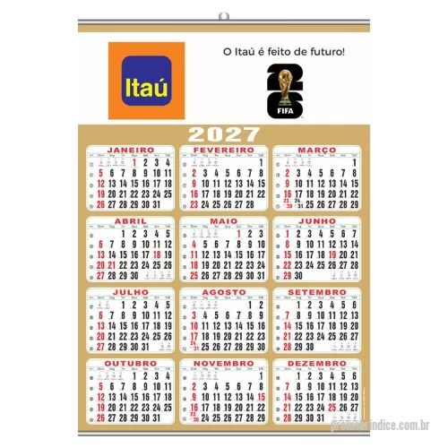Calendário de parede personalizado - Folhinha- Calendário de parede 50x70cm- DOURADA, impresso em papel couchê 150gr, 4x0 cor, com 2 varetas de metal.