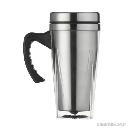 Caneca acrílica personalizada - Caneca acrílica de 450ml com fundo quadrangular, cabo plástico resistente e compartimento interno em inox, oferecendo visual moderno e boa praticidade para bebidas no dia a dia. A tampa plástica conta com detalhe metálico e abertura no bocal, facilit