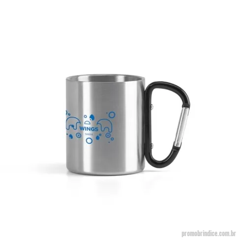 Caneca de Alumínio personalizada - Caneca em aço inox, com pega em forma e função de mosquetão. Capacidade até 230 mL. Certificação EU Food Grade. Fornecido em caixa presente preta.