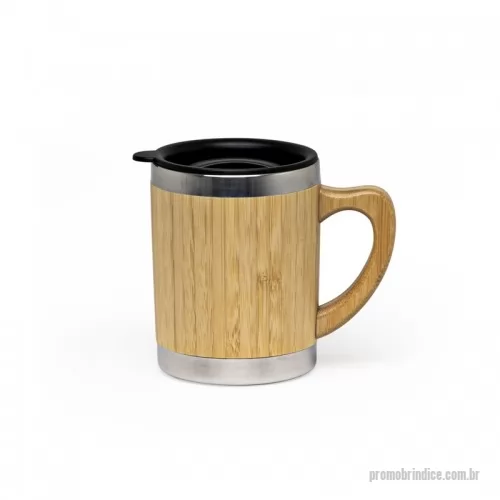 Caneca de Bambu personalizada - Caneca de bambu personalizada com capacidade de até 300ml. Possui corpo revestido em bambu, alça de bambu e tampa plástica com bocal e trava de segurança. 