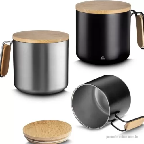 Caneca de Bambu personalizada - Caneca térmica de parede dupla em inox, com capacidade de 330ml. Contém alça lateral com detalhe e tampa em bambu.
