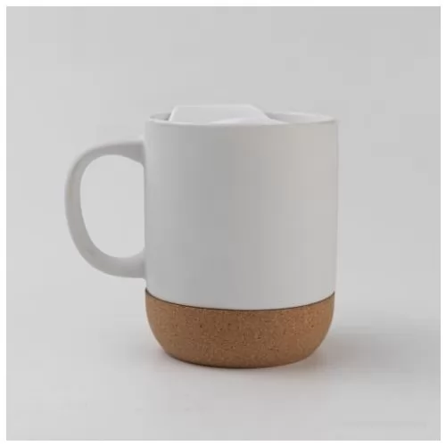 Caneca de cerâmica personalizada - Caneca de cerâmica com base de cortiça e tampa vedadora, capacidade para 350ml.