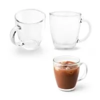 Caneca em vidro. Capacidade até 390 mL. Fornecida em caixa presente. Certificação EU Food Grade. ø91 x 103 mm