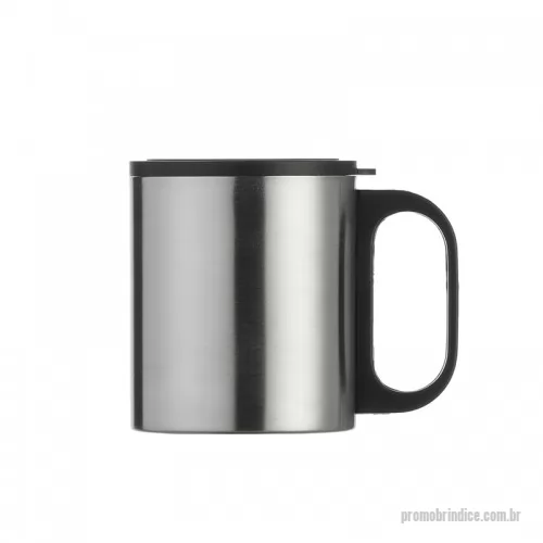 Caneca Inox personalizada - Caneca de inox 180ml com cabo e tampa em plástico resistente (não é térmica).