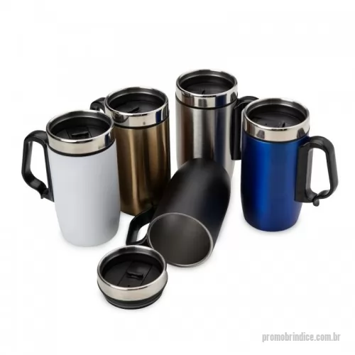 Caneca Inox personalizada - Caneca 250 ml parede dupla em Inox, com pegador de plástico, contém tampa com compartimento que ao deslizar, pode ser aberto para beber e base com EVA antiderrapante.