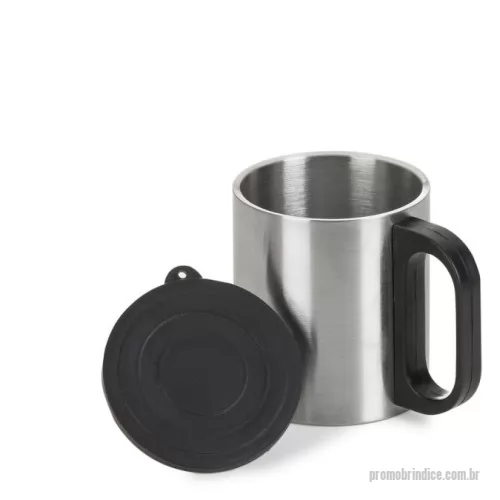 Caneca Inox personalizada - Caneca de inox 180ml com cabo e tampa em plástico resistente (não é térmica).