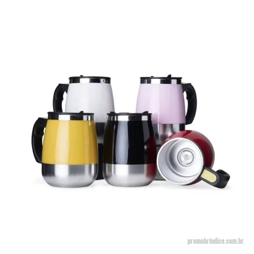 Caneca Inox personalizada - Caneca de inox com detalhes plásticos, capacidade de 400ml. Tampa com vedação e bocal com trava de segurança.