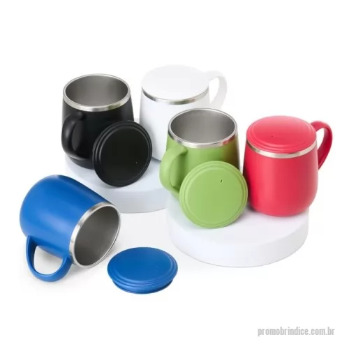 Caneca Inox personalizada - Caneca 370ml parede dupla em Inox, com pegador de plástico, contém tampa plástica para vedação e base com EVA antiderrapante.