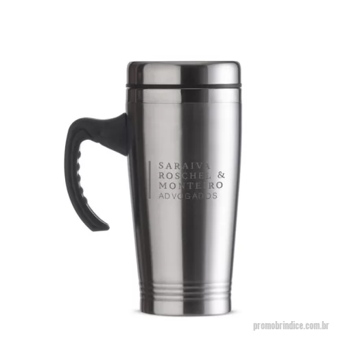 Caneca Inox personalizada - Caneca inox de 450ml, pegador de plástico e parte interna em inox. Possui tampa com compartimento que pode ser aberto para beber(não é térmica). 