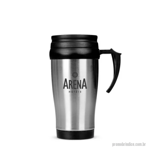 Caneca Inox personalizada - Caneca de inox com detalhes plásticos, capacidade de 400ml. Tampa com vedação e bocal com trava de segurança.