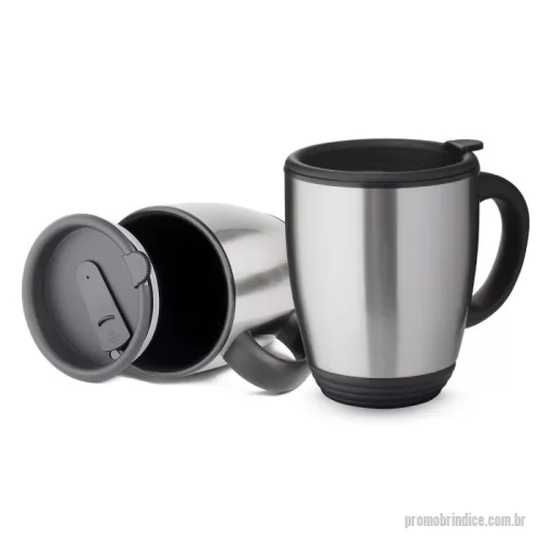 Caneca Inox personalizada - Caneca em aço inox de 450ml, parte interna em plástico, alça de mão plástica, tampa com vedação ideal para chás e cafés.