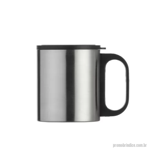 Caneca Inox personalizada - Caneca de inox 180ml com cabo e tampa em plástico resistente (não é térmica).