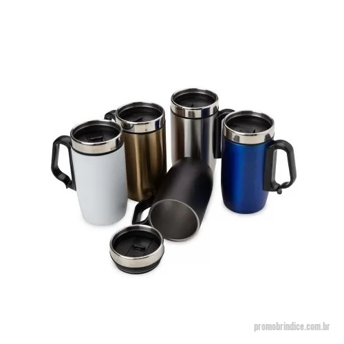 Caneca Inox personalizada - Caneca 250 ml parede dupla em Inox, com pegador de plástico, contém tampa com compartimento que ao deslizar, pode ser aberto para beber e base com EVA antiderrapante.