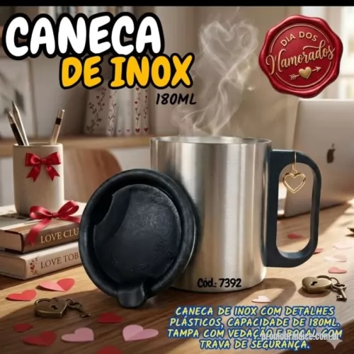 Caneca Inox personalizada - Caenca de Inox 180ml, com detalhes em plastico, com tampa de vedação e Bocal com trava de segurança.