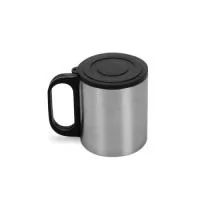 Caneca de inox 180ml com cabo e tampa em plástico resistente (não é térmica).