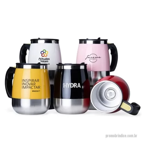 Caneca Mixer personalizada - Caneca de inox com misturador de bebida, feita em parede dupla com capacidade de 350ml. Contém tampa plástica com bocal e trava de segurança. Para o funcionamento, utiliza-se duas pilhas AAA.