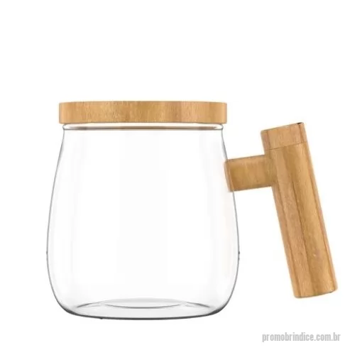 Caneca Mixer personalizada - Caneca em vidro borossilicato com mixer e tampa de bambu, capacidade de 400ml, incluso 2 pilhas AAA.