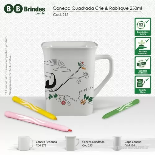 Caneca para colorir personalizada - Produto versátil, com matéria prima de alta resistência e parede lavável que permite à criança desenhar com canetinha hidrocor e lavar com água e sabão para começar de novo. Ideal para o público infantil é uma opção excelente para escolas, comércio/indústria de artigos infantis, bebidas e alimentos.