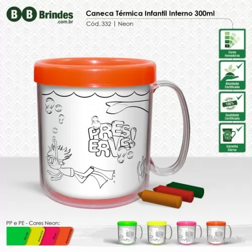 Caneca para colorir personalizada - Caneca plástica injetada, atóxica, formada por duas peças encaixáveis e um refil para colorir. Acompanha 3 unidades de giz de cera. Capacidade de 300 mL