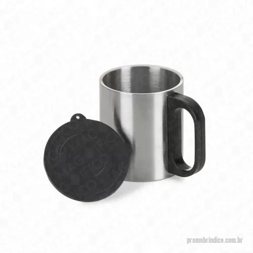 Caneca personalizada - Caneca de inox 180ml com cabo e tampa em plástico resistente (não é térmica). MEDIDAS: Tamanho total aproximado: Altura: 8,1 cm. Largura: 10 cm. Circunferência: 21,5 cm. Peso aproximado (g): 84. GRAVAÇÃO: Laser ou Sublimação ou Silk Screen 1 a 3 cores.