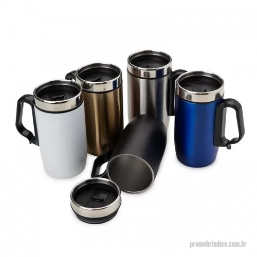 Caneca personalizada - Caneca 275 ml parede dupla em Inox, com pegador de plástico, contém tampa com compartimento que ao deslizar, pode ser aberto para beber e base com EVA antiderrapante