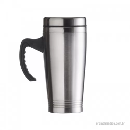 Caneca personalizada - Caneca inox de 450ml, pegador de plástico e parte interna em inox. Possui tampa com compartimento que pode ser aberto para beber(não é térmica).