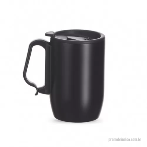 Caneca personalizada - Caneca inox 350ml com parede dupla. Possui tampa plástica com trava para abertura do bocal, alça plástica estilo mosquetão e base com apoio EVA. Obs.: Conserva temperatura.
