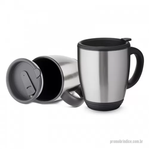 Caneca personalizada - Caneca em aço inox de 450ml, parte interna em plástico, alça de mão plástica, tampa com vedação ideal para chás e cafés.