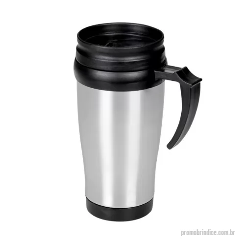 Caneca personalizada - Caneca de inox com detalhes plásticos, capacidade de 400ml. Tampa com vedação e bocal com trava de segurança.