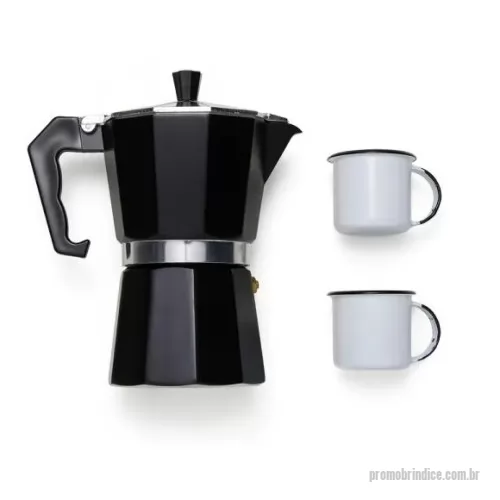 Caneca personalizada - Esse kit conta com cafeteira modelo Italiana em alumínio de alta qualidade e resistência.   Toda sua estrutura é desmontável e alça para garantir a segurança durante o seu uso e conta também com duas canecas em alumínio branco.