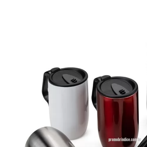 Caneca personalizada - Caneca 350 ml parede dupla em Inox, com pegador de plástico, contém tampa com compartimento que ao deslizar, pode ser aberto para beber e base com EVA antiderrapante.