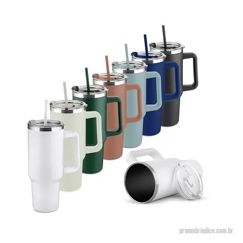 Caneca personalizada - Caneca térmica de 1,3 litros em inox reciclado com parede dupla (interno 304, externo 201), acabamento em pintura a pó, tampa e canudo em plástico PP na cor do produto.