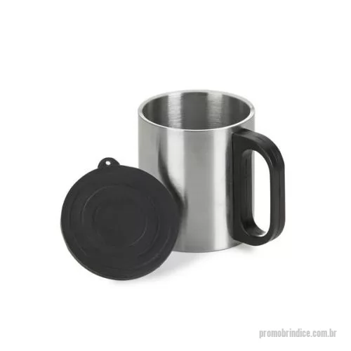 Caneca personalizada - Caneca de inox, com tampa e cabo de plástico resistente na cor preto, capacidade para 180ml, (não é térmico).
