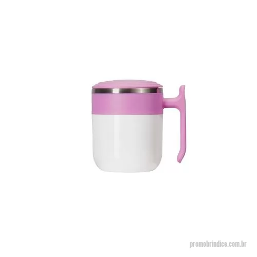 Caneca personalizada - Com capacidade de até 350ml, esta caneca em inox conta com revestimento externo, alça e tampa de encaixe em plástico, além de base emborrachada antiderrapante para maior estabilidade. Seu design moderno combina o brilho interno metálico com acabament