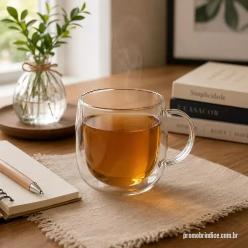 Caneca personalizada - Caneca com capacidade de até 250ml, produzida em vidro borossilicato e estruturada com parede dupla, característica que ajuda a reduzir a transferência de calor para a parte externa. Seu formato transparente valoriza a apresentação de cafés, chás e o