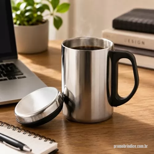 Caneca personalizada - Caneca produzida em aço inox, com capacidade de 350ml, estrutura de parede dupla, tampa com sistema de vedação e alça lateral em plástico. Embora não possua função térmica, sua composição ajuda a tornar o uso mais confortável durante o consumo de caf