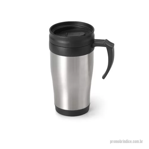Caneca personalizada - Caneca de viagem térmica produzida em aço inox e polipropileno, com estrutura de parede dupla isolada a ar e capacidade de até 420 mL. O corpo metálico oferece resistência para acompanhar a rotina, enquanto a tampa e a alça em PP tornam o uso mais co