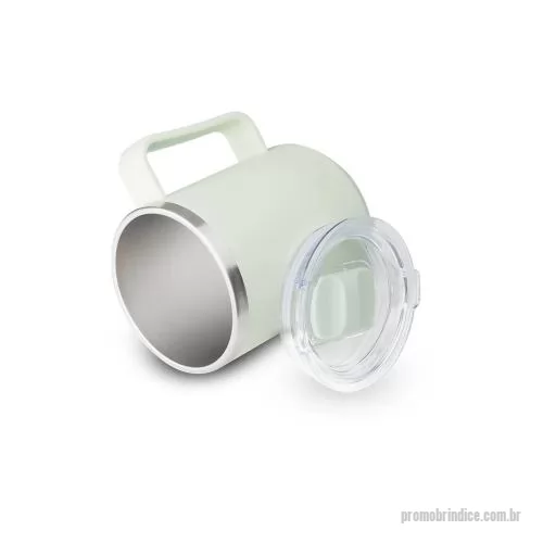 Caneca personalizada - Caneca produzida em plástico PP, com interior em aço inox e capacidade para até 450ml. Possui tampa transparente equipada com anel de vedação e trava de segurança no bocal, oferecendo mais controle durante o consumo e ajudando a reduzir respingos em 